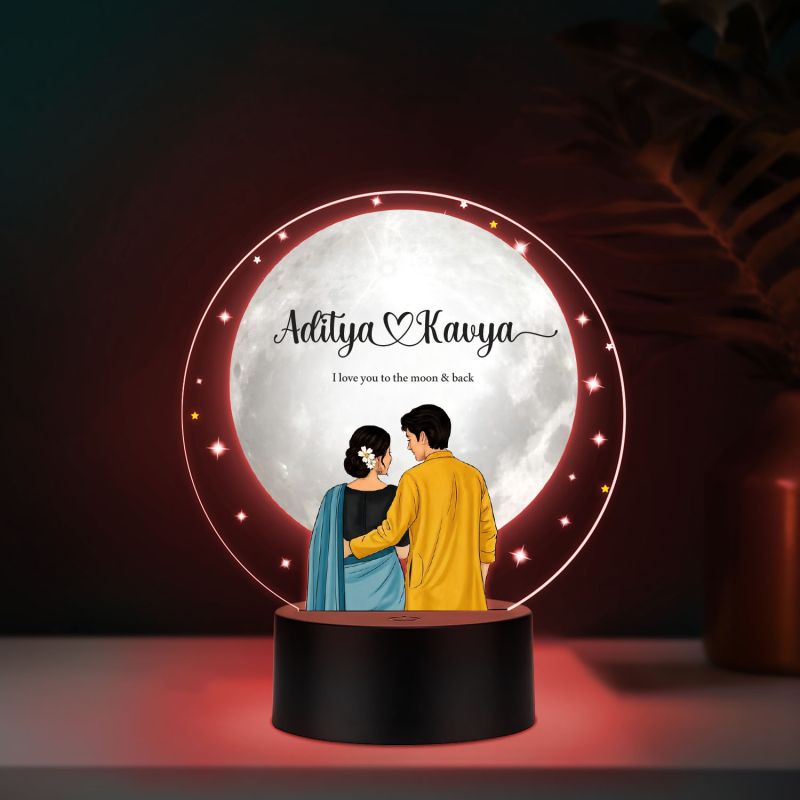 Personalized Couple Night Lamp Custom with Name & Date Bedside Table Lamp | Couple Gift Anniversary, Wedding, Marriage, Valentine Day Multicolored Light (Couple Moon Lamp)